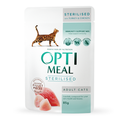 Opti Meal Adult Cat Sterilised with Turkey and Chicken пауч за кастрирани котки с пуйка и пилешки филенца в сос 85 гр