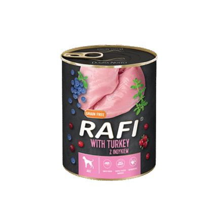 RAFI Adult консерва за кучета с пуйка и боровинки, 800 гр.