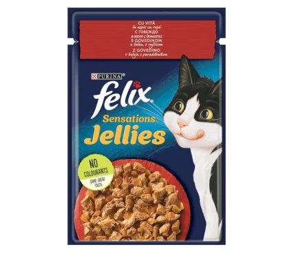 Purina Felix Sansations пауч за котки с говеждо и домат в желе, 85 гр.