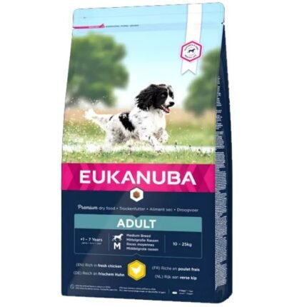 Eukanuba Medium Breed Adult храна за кучета от средни породи с пилешко и пуешко 12 кг