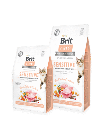 Brit Care Grain Free Sensitive суха храна за котки с чувствително храносмилане и проблемен прием на храна с пуйка и сьомга, 0.400гр.