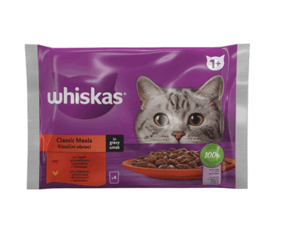Whiskas Classic Meals паучове за котки пилешко и говеждо в сос грейви, 4х85 гр.
