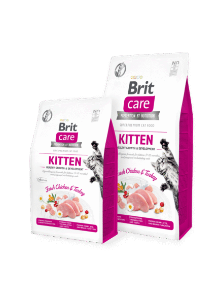 Brit Care Kitten Grain Free суха храна за подрастващи котенца и кърмещи котки с пилешко, пуешко и коластра, 0.400 гр.