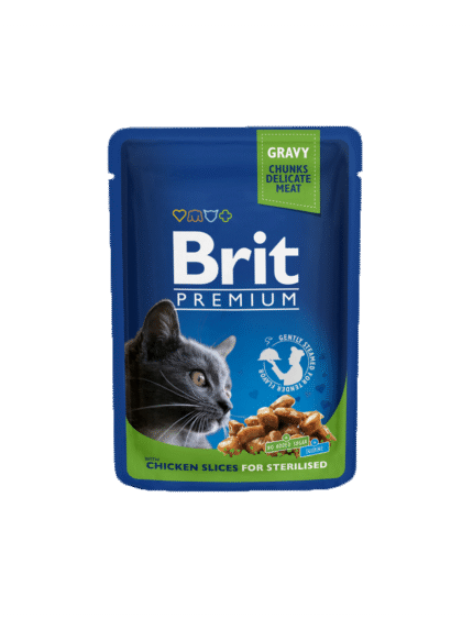 Brit Cat Adult Chicken Sterilised пауч за кастрирани котки пилешки хапки в сос, 100 гр