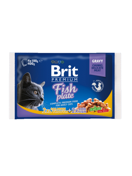 Brit Cat Adult Fish Plate паучове за котки рибно меню в сос, 4x100 гр.