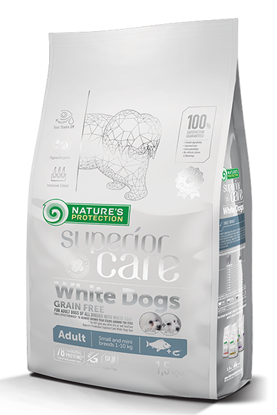Natures Protection Adult Small&Mini Grain Free беззърнена храна за кучета с бяла козина от дребни породи с бяла риба, 1.5 кг