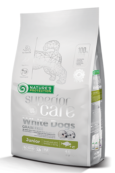 Natures Protection Junior Small&Mini Grain Free беззърнена храна за подрастващи кучета с бяла козина от дребни породи с бяла риба, 1.5 кг