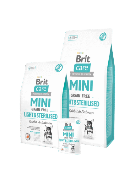 Brit Care Mini Light & Sterilised храна за кастрирани кучета от дребни породи със заек и сьомга 400 гр