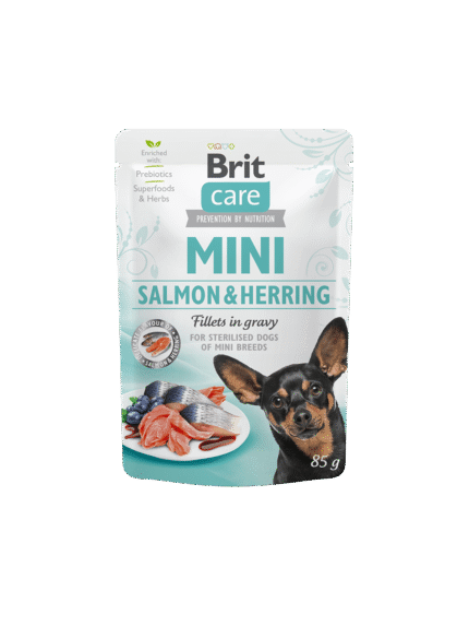 Brit Care Mini Salmon & Herring In Gravy Sterilised пауч за кастрирани кучета със сьомга и херинга в сос, 85 гр