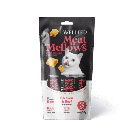 Wellfed  Meat Mellows Chicken & Beef кремообразно лакомство за котки с пиле и говеждо, 3 х 10гр