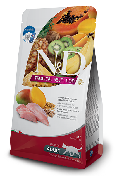 N&D Cat Adult Tropical Selection Chicken and Tropical Fruits суха храна за котки с пилешко, спелта, овес и тропически плодове