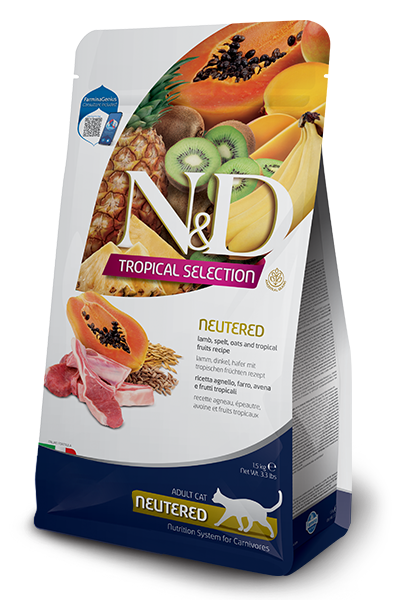N&D Cat Adult Tropical Selection Neutered Lamb and Tropical Fruits суха храна за кастрирани котки с агнешко, спелта, овес и тропически плодове