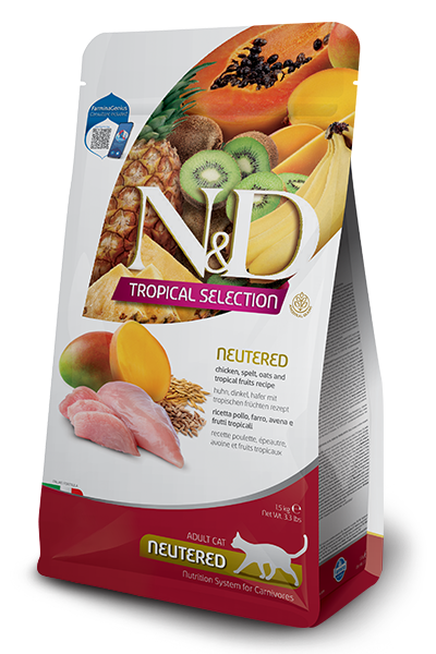 N&D Cat Adult Tropical Selection Neutered Chicken and Tropical Fruits суха храна за кастрирани котки с пилешко, спелта, овес и тропически плодове