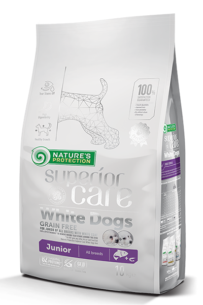 Natures Protection Junior All Breeds Grain Free беззърнена храна за подрастващи кучета с бяла козина от всички породи със сьомга и крил 1.5кг