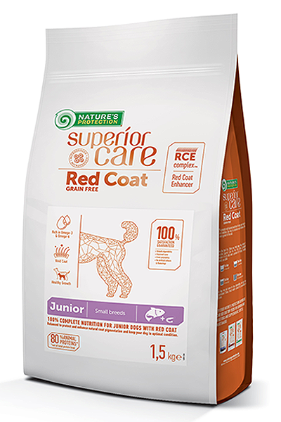 Natures Protection Red Coat Grain Free Salmon Junior Small and Mini Breeds беззърнеха храна със сьомга за подрастващи кучета от дребните породи с червена козина 1.5кг