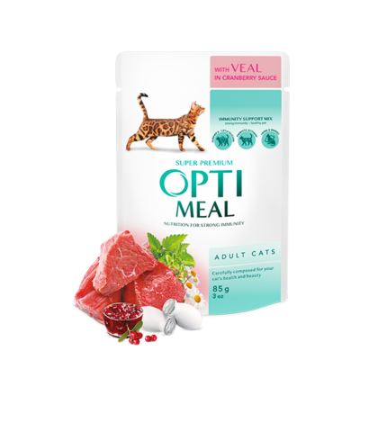 Opti Meal пауч за възрастни котки с телешко в сос от червени боровинки 85гр